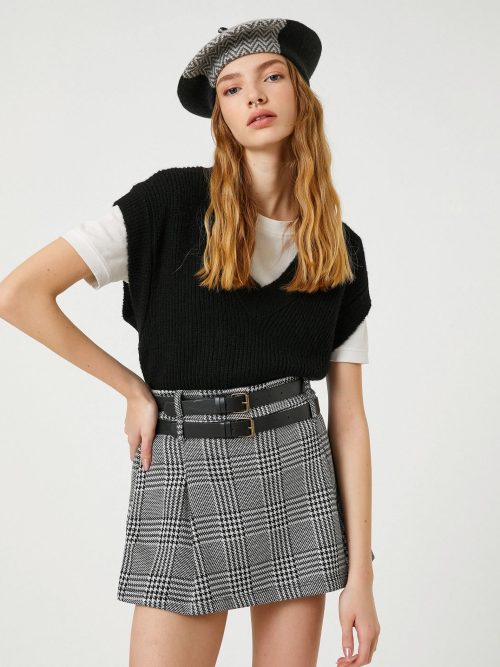 Short Skirt Double Belt Detailed Wide Pleated